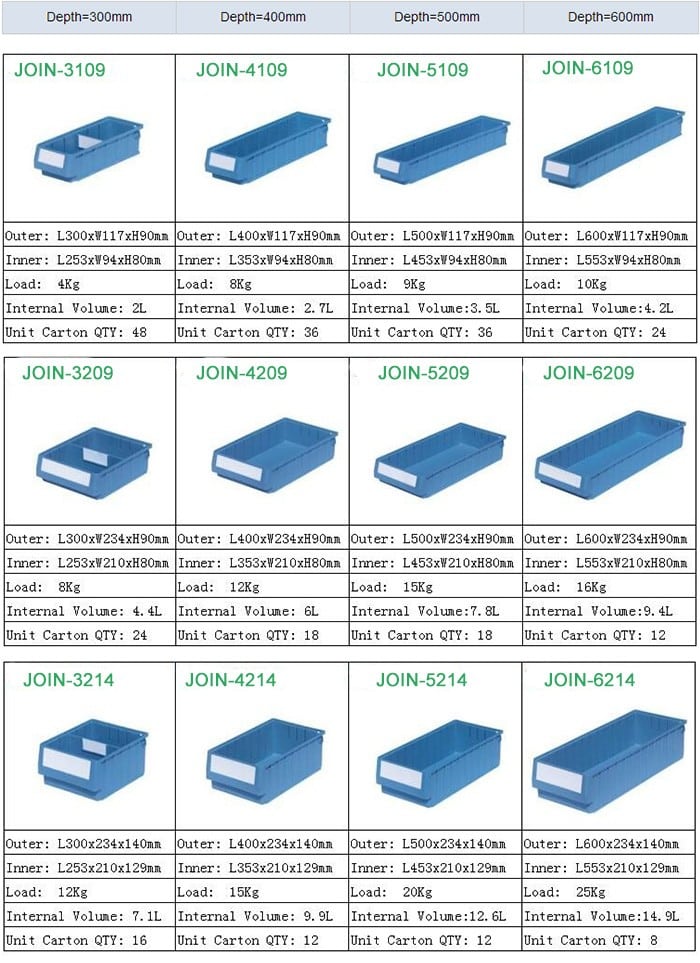 available sizes of stackable plastic storage bins